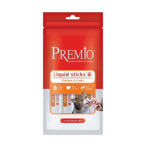 פרמיו דליקט שלוקים 56 גרם לחתול עם עוף וסרטן - premio Liquid sticks