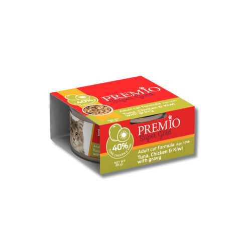 פרמיו סופר גולד מעדן נתחוני טונה,עוף וקיוי ברוטב 85 גר